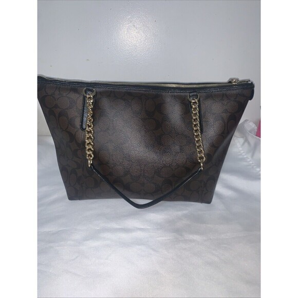 Women's Coach bag  Ava Chain Tote Signature Canvas in Brown/Black Authentic - Picture 4 of 15